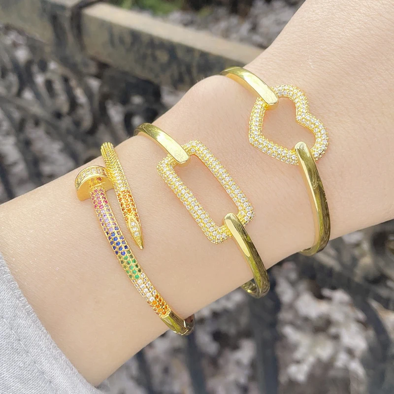 European and American fashion niche light luxury diamond geometric rectangular love open bracelet net red nail bracelet brf53