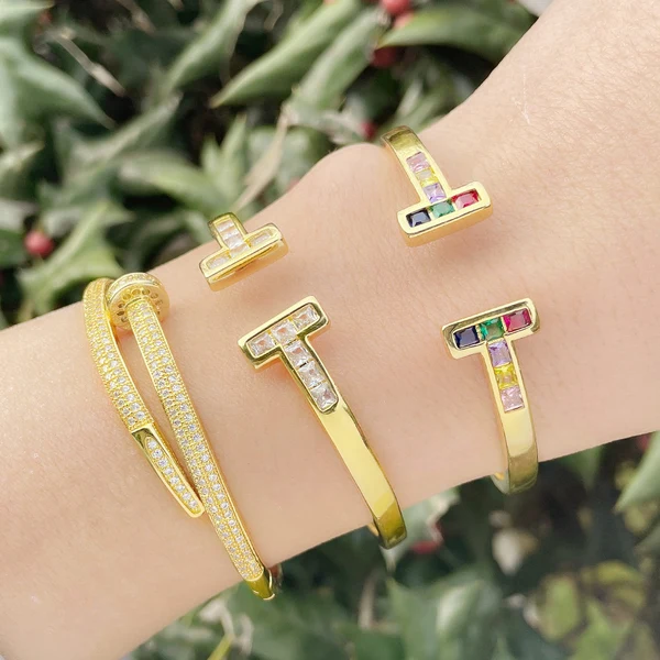 Diamond double T open bracelet European and American niche light luxury high-end nail bracelet Internet celebrity same bracelet women brf52