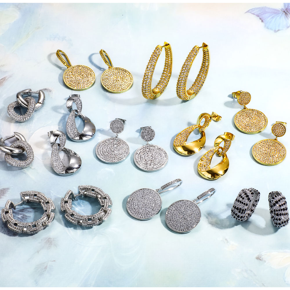 Iced Out CZ Huggie Hoop Earrings with Round Brilliant Cut Diamond Brass Copper Wedding Party Bridal Anniversary Gifts