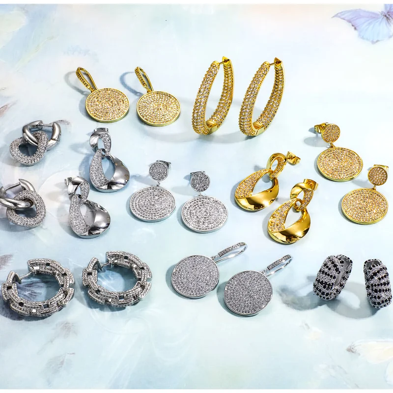 Iced Out CZ Huggie Hoop Earrings with Round Brilliant Cut Diamond Brass Copper Wedding Party Bridal Anniversary Gifts