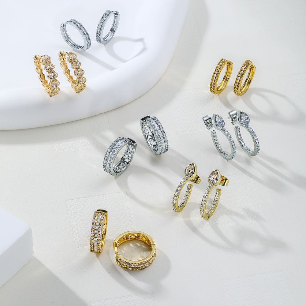 Copper Brass Pave Cz Stone Geometric Hoop Luxury Diamond Earrings 18K Gold Plated