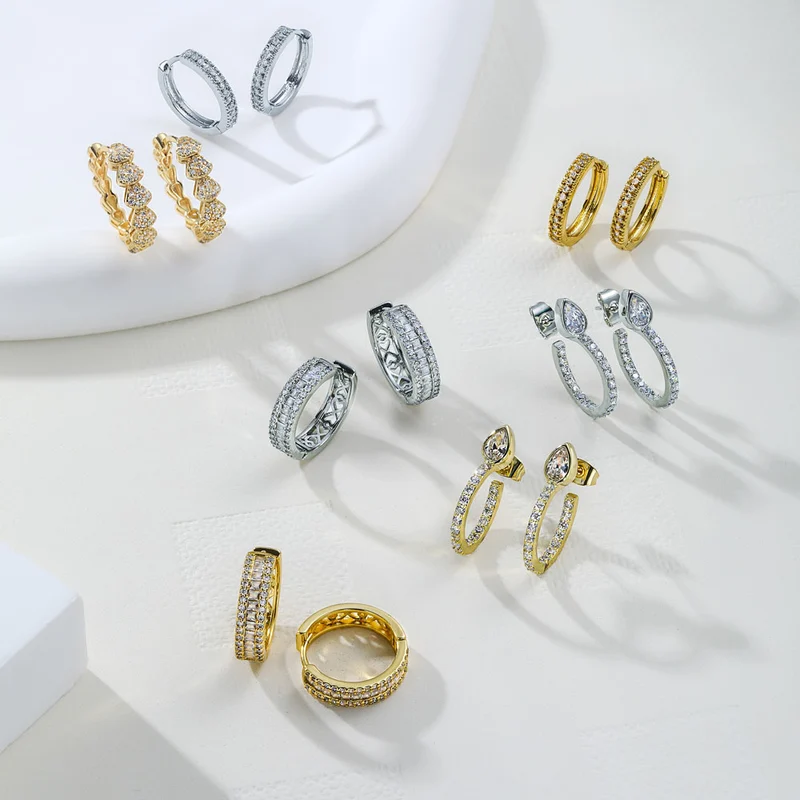 Copper Brass Pave Cz Stone Geometric Hoop Luxury Diamond Earrings 18K Gold Plated