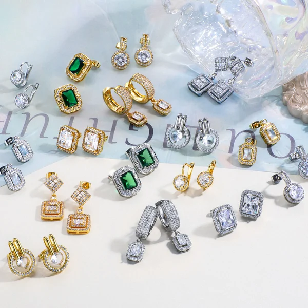 Cubic Zircon Diamond Bling Classic Solitarie Geometric Drop Stud Earrings for Women 