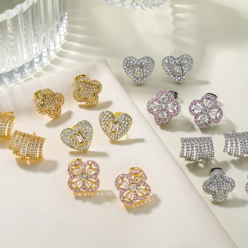 Iced Out CZ Ear Cuff Cubic Zircon Micro Set Clover Heart Stud Earrings Wholesale
