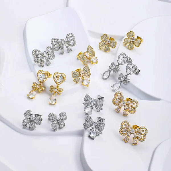 Micro Setting Cubir Zircon Copper Brass Cute Popular Bow Ribbon Stud Earrings