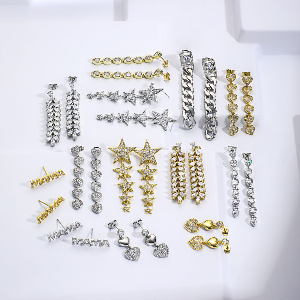 Wholesale Women 18K Gold Plated Cubic Zricon Bling Diamond Star Long Earrings 