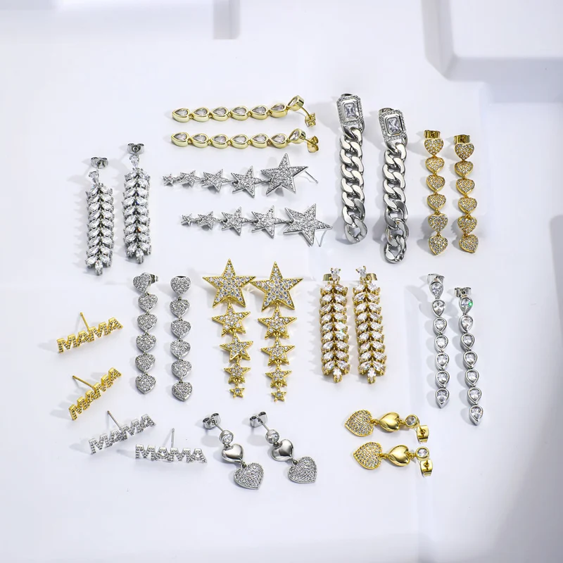 Wholesale Women 18K Gold Plated Cubic Zricon Bling Diamond Star Long Earrings 