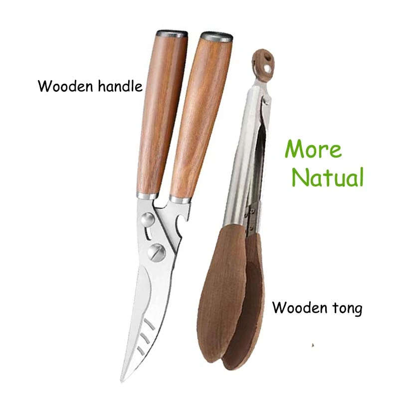 Real wood handle to make kitchen scissors and match the wood foodtong