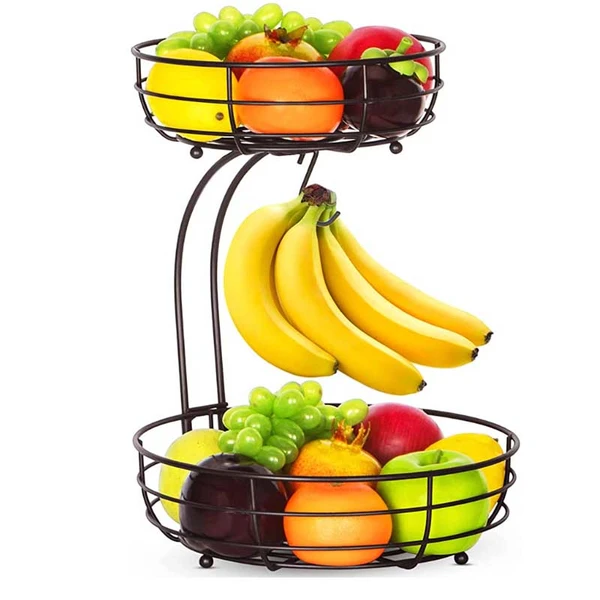 2 Tier Countertop Fruit Basket Bowl with Banana Hanger
