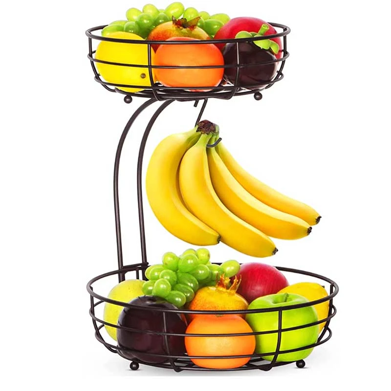 2 Tier Countertop Fruit Basket Bowl with Banana Hanger