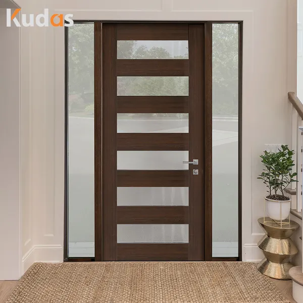 باب دخول خشبي محوري بتصميم شريحة خشبية صلبة رأسية إضافية