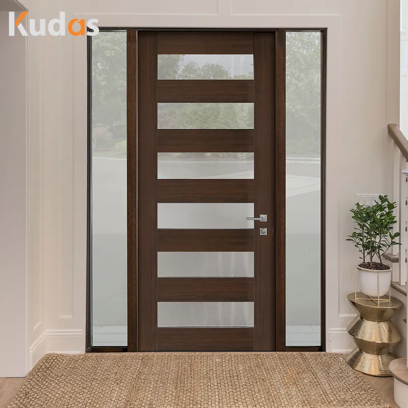 باب دخول خشبي محوري بتصميم شريحة خشبية صلبة رأسية إضافية