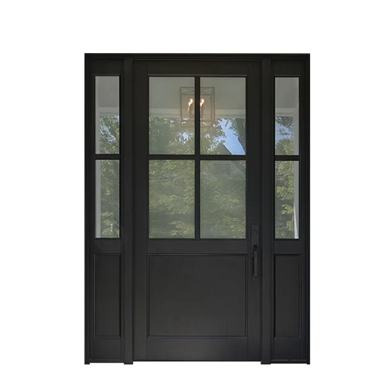 باب الدخول الرئيسي الخارجي زجاجي محوري وأبواب خشبية صلبة للدخول