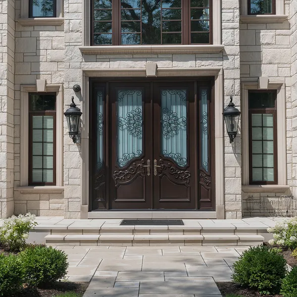 أبواب خارجية مزخرفة عازلة للحرارة مع تشطيبات خشبية