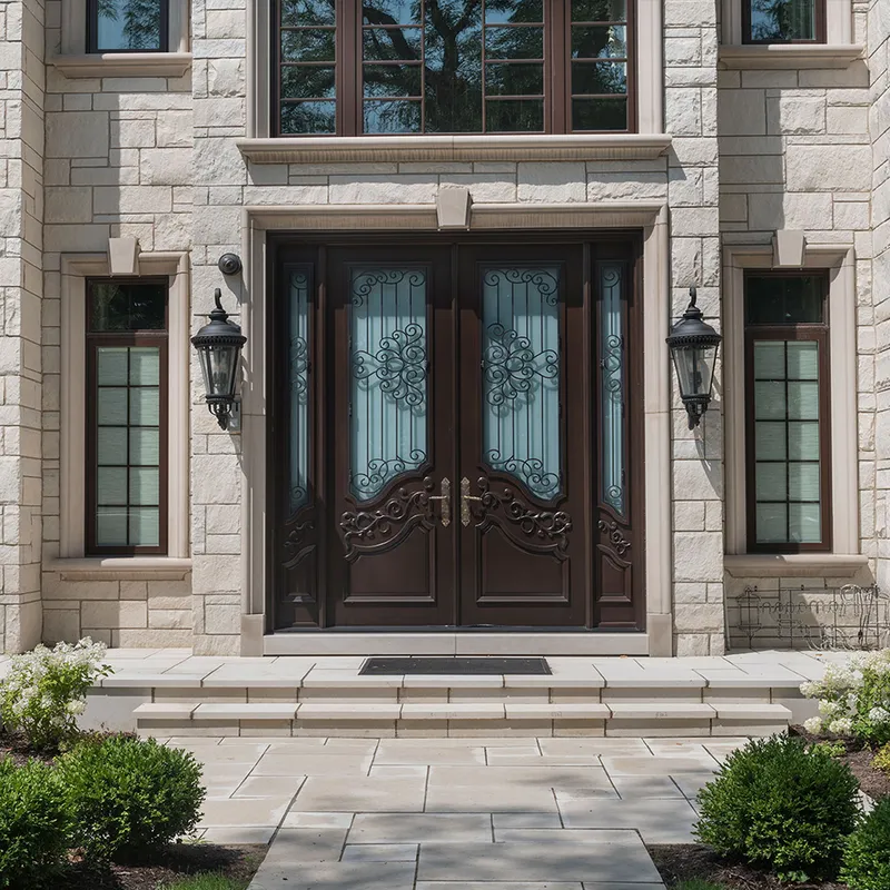 أبواب خارجية مزخرفة عازلة للحرارة مع تشطيبات خشبية