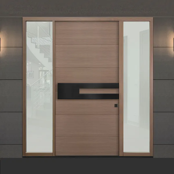 فيلا فاخرة مدخل خارجي رئيسي أمام باب محوري خشبي حديث