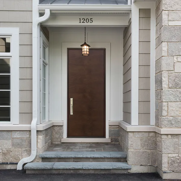 المدخل الخارجي الرئيسي، باب أمامي معدني غير قابل للصدأ، خشب حديث