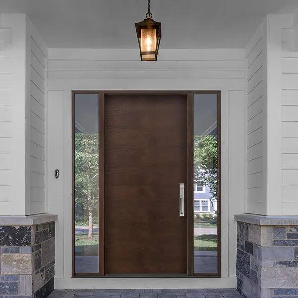 المدخل الخارجي الرئيسي، باب أمامي معدني غير قابل للصدأ، خشب حديث