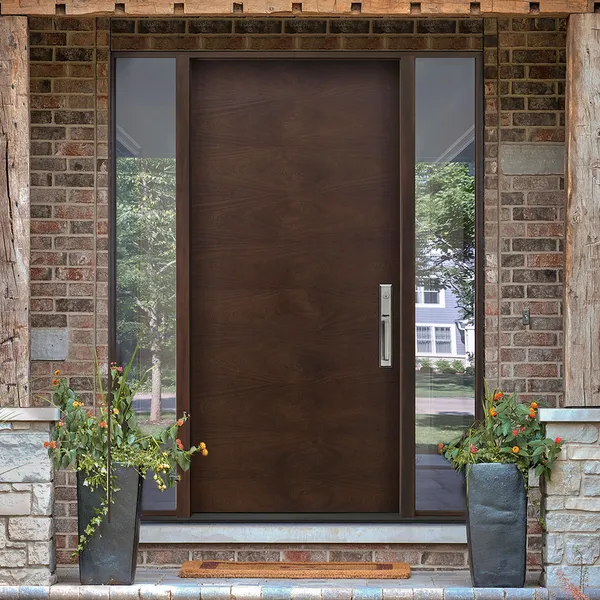 المدخل الخارجي الرئيسي، باب أمامي معدني غير قابل للصدأ، خشب حديث