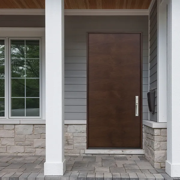 المدخل الخارجي الرئيسي، باب أمامي معدني غير قابل للصدأ، خشب حديث