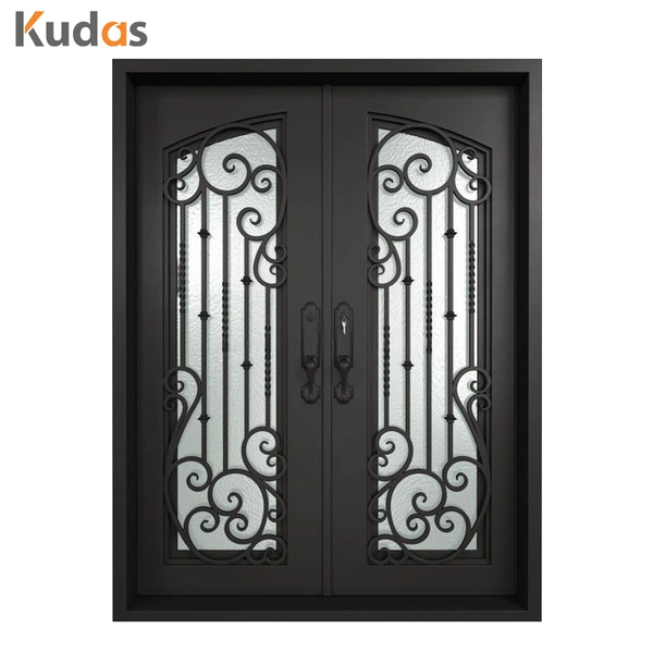 Metal Steel Wrought Iron Double Front Iron Door with Glass Screens