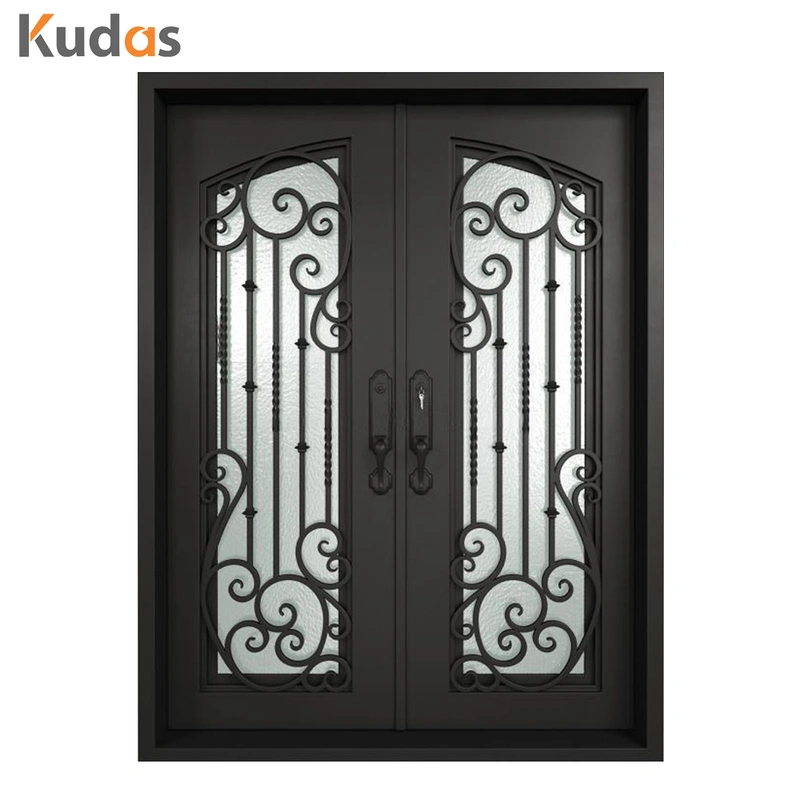 Metal Steel Wrought Iron Double Front Iron Door with Glass Screens