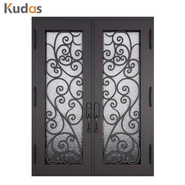 Metal Steel Wrought Iron Double Front Iron Door with Glass Screens