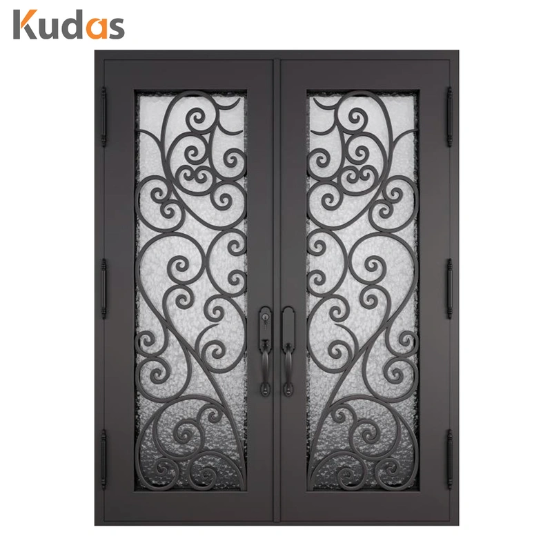 Metal Steel Wrought Iron Double Front Iron Door with Glass Screens