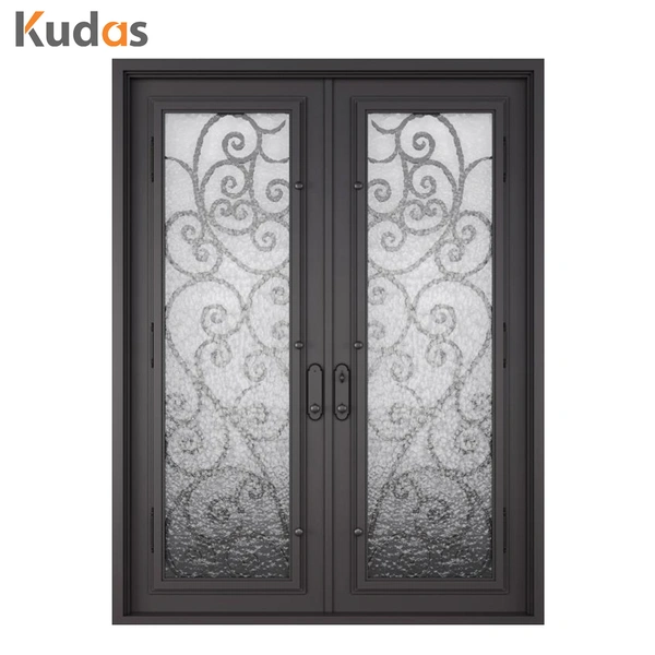 Metal Steel Wrought Iron Double Front Iron Door with Glass Screens
