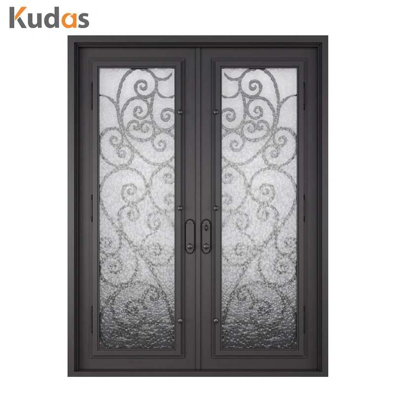 Metal Steel Wrought Iron Double Front Iron Door with Glass Screens