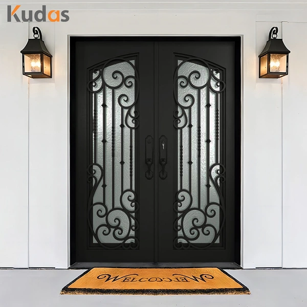 Metal Steel Wrought Iron Double Front Iron Door with Glass Screens