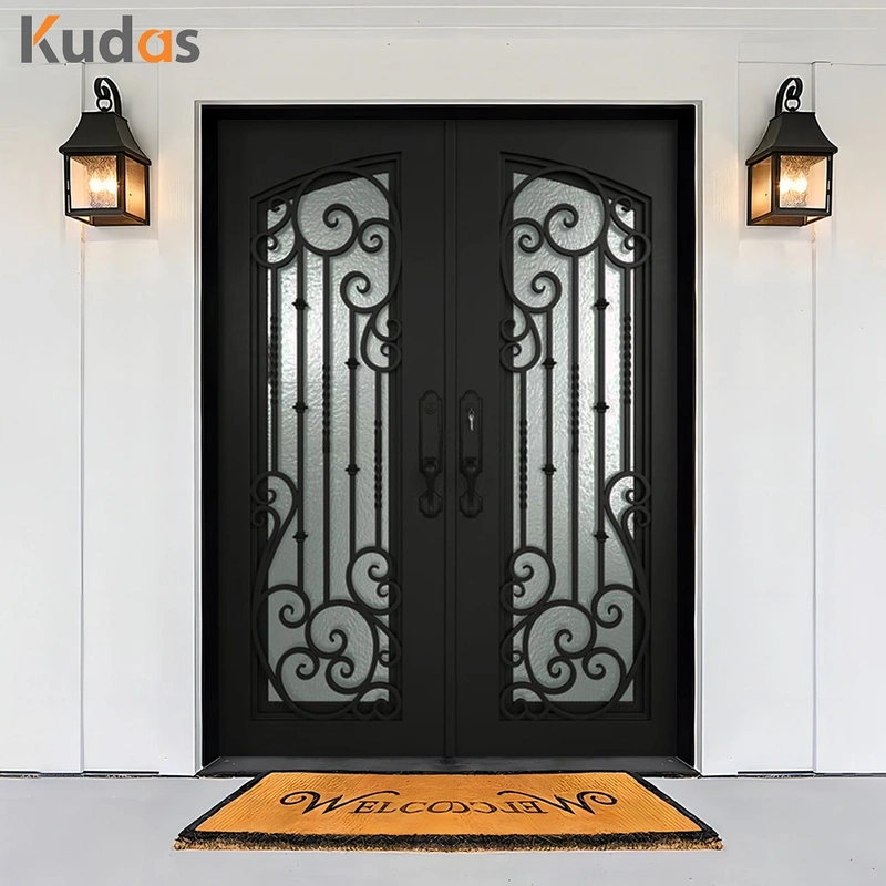 Metal Steel Wrought Iron Double Front Iron Door with Glass Screens