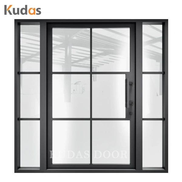 Home Entry Security Iron Steel Glass Double Doors Wrought Iron Door