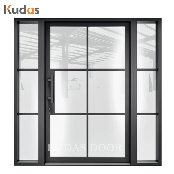 Home Entry Security Iron Steel Glass Double Doors Wrought Iron Door