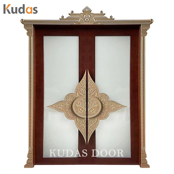 India Temple Style Entrance Exterior Entry Wood Door With Brass Handle