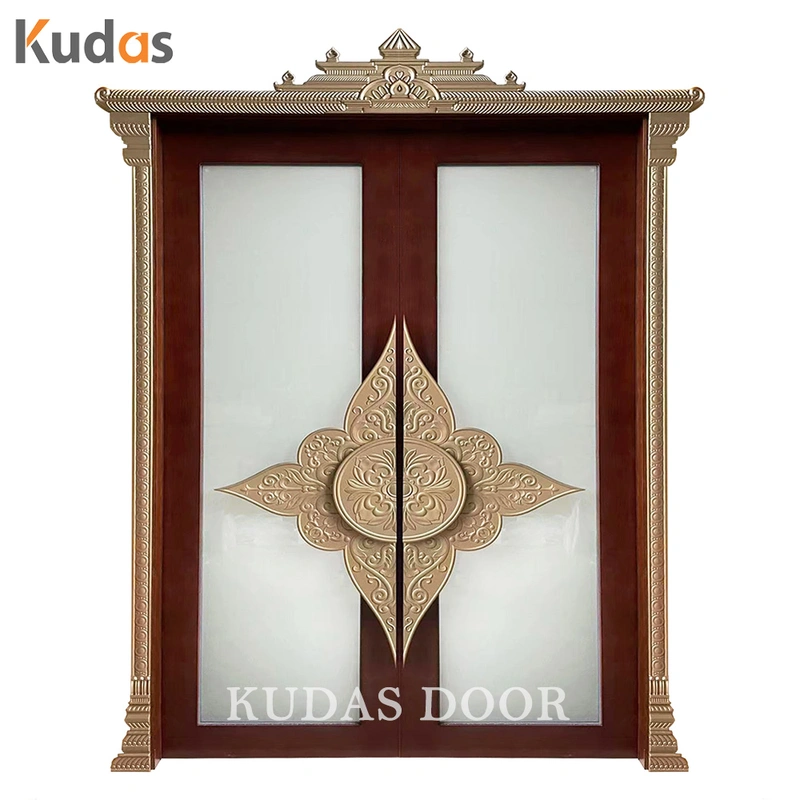 India Temple Style Entrance Exterior Entry Wood Door With Brass Handle