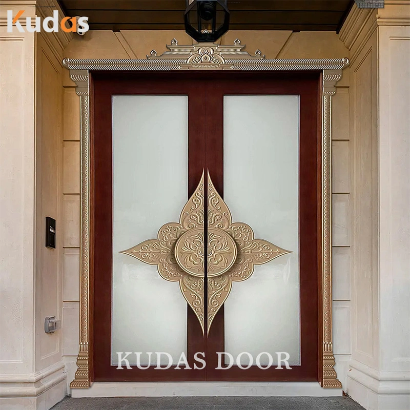 India Temple Style Entrance Exterior Entry Wood Door With Brass Handle