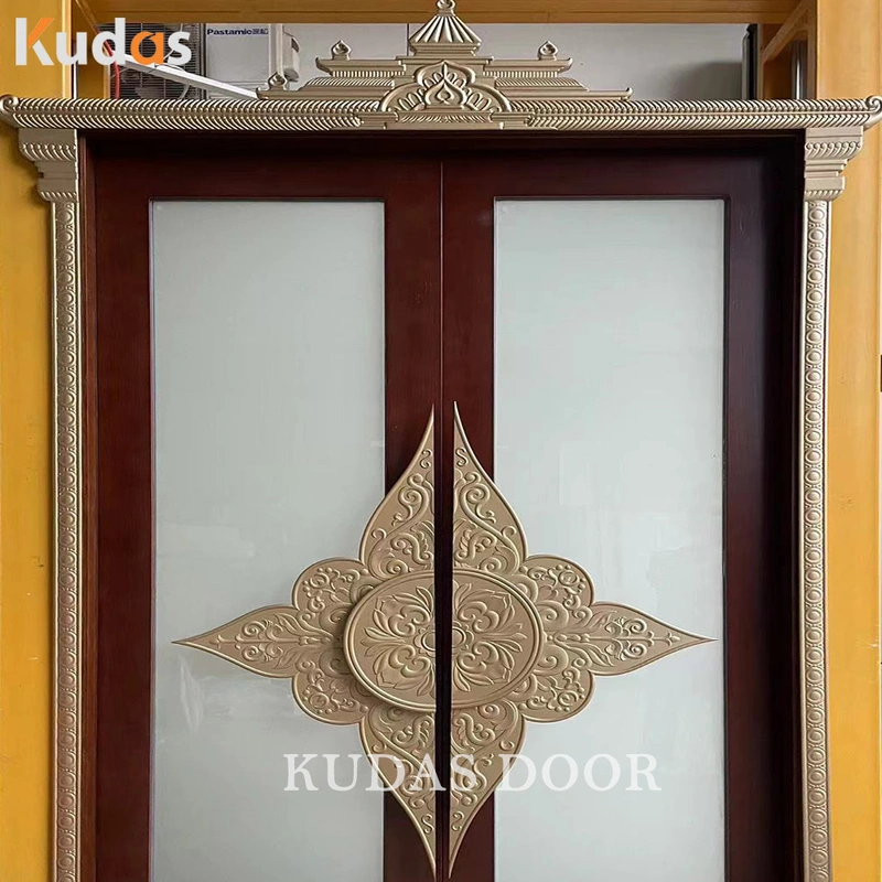 India Temple Style Entrance Exterior Entry Wood Door With Brass Handle