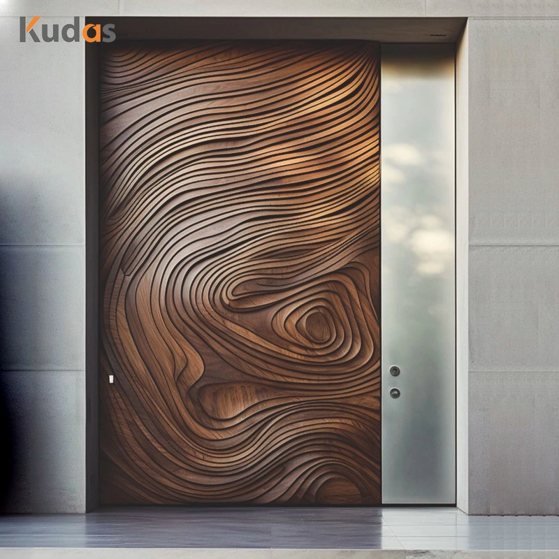Kudas Residential Custom Modern 3D Carving Solid Wooden Exterior Villa Front Entry Door