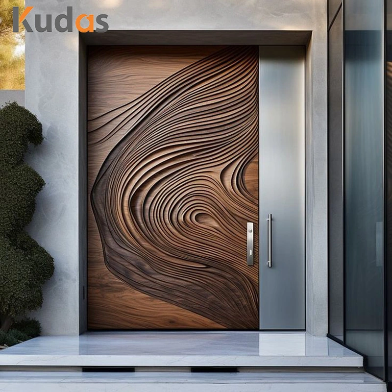 Kudas Residential Custom Modern 3D Carving Solid Wooden Exterior Villa Front Entry Door