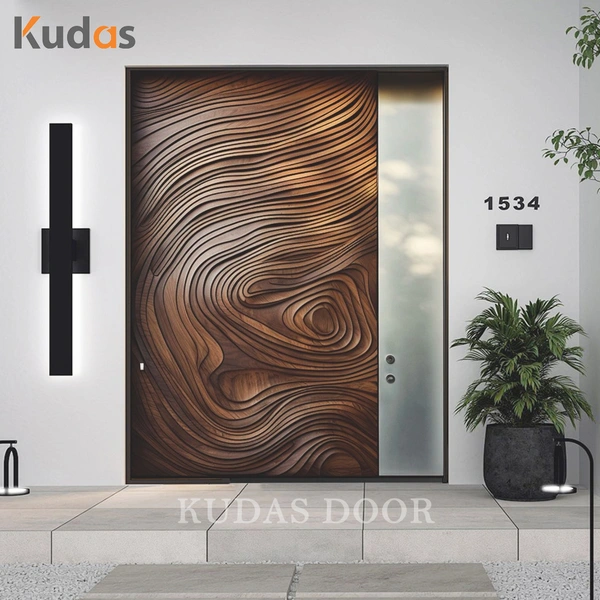 Kudas Residential Custom Modern 3D Carving Solid Wooden Exterior Villa Front Entry Door