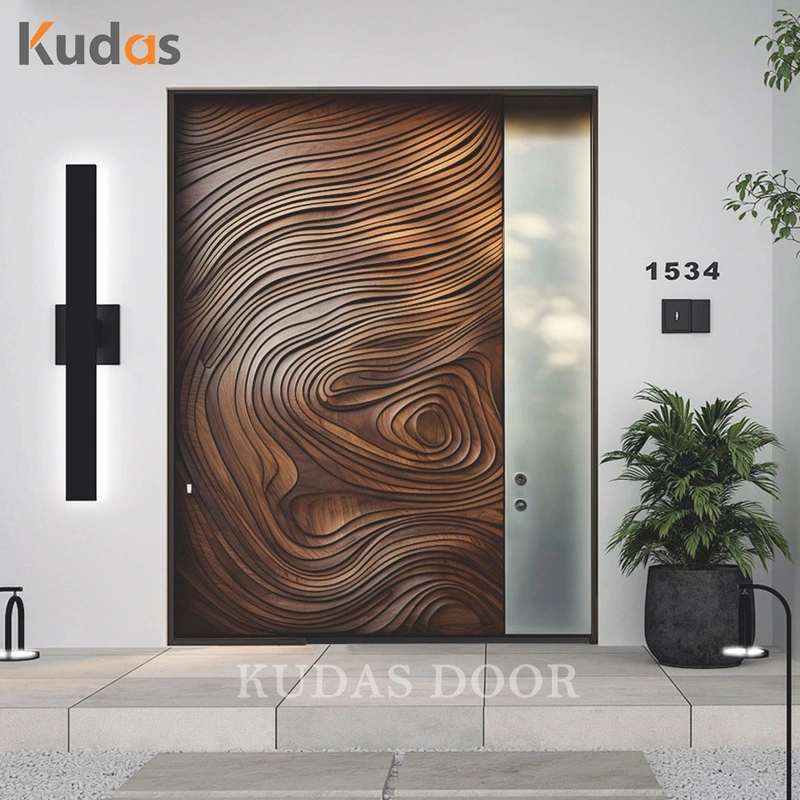 Kudas Residential Custom Modern 3D Carving Solid Wooden Exterior Villa Front Entry Door