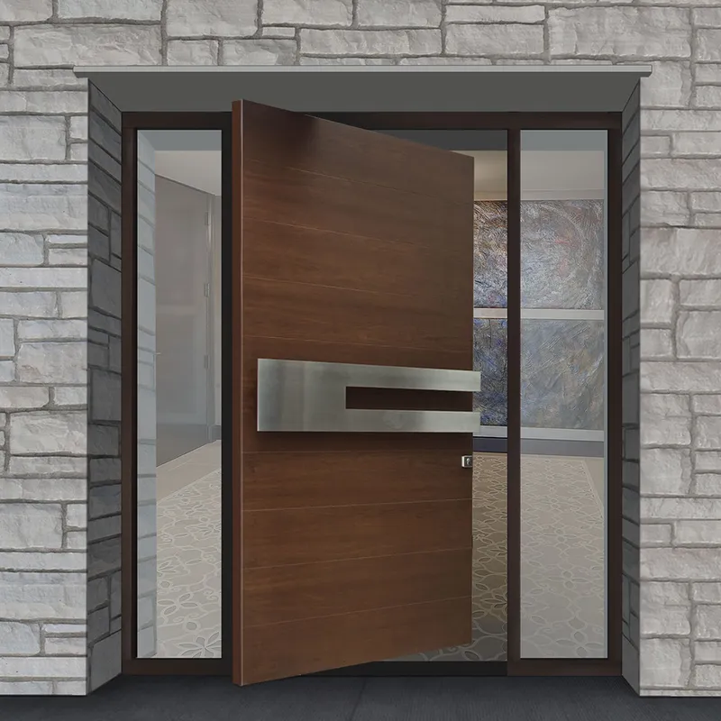 يُدرج الزجاج المقسى الخارجي المخصص بابًا محوريًا مزدوجًا من الخشب الصلب  