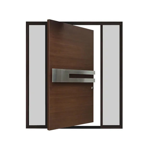 يُدرج الزجاج المقسى الخارجي المخصص بابًا محوريًا مزدوجًا من الخشب الصلب  