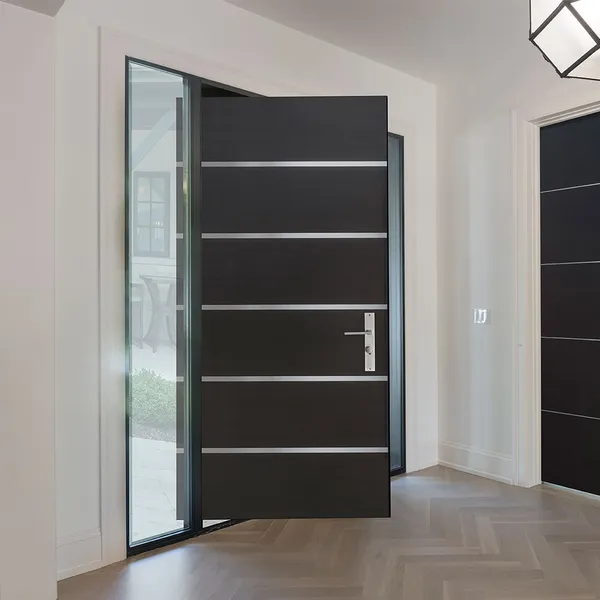 أبواب محورية أمامية للأمان، باب خشبي محوري من الألومنيوم الأسود، مدخل حديث