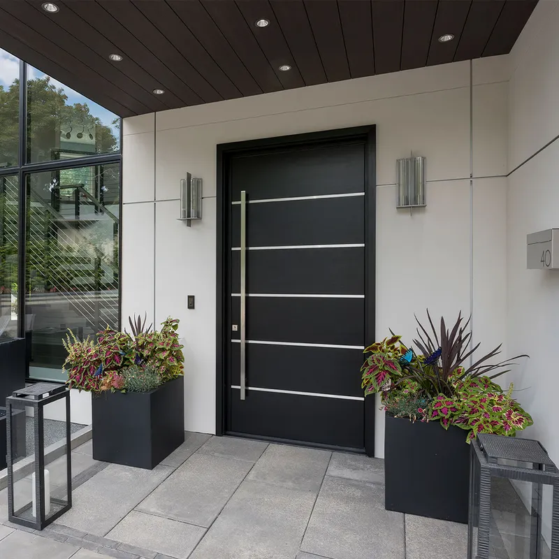 أبواب محورية أمامية للأمان، باب خشبي محوري من الألومنيوم الأسود، مدخل حديث