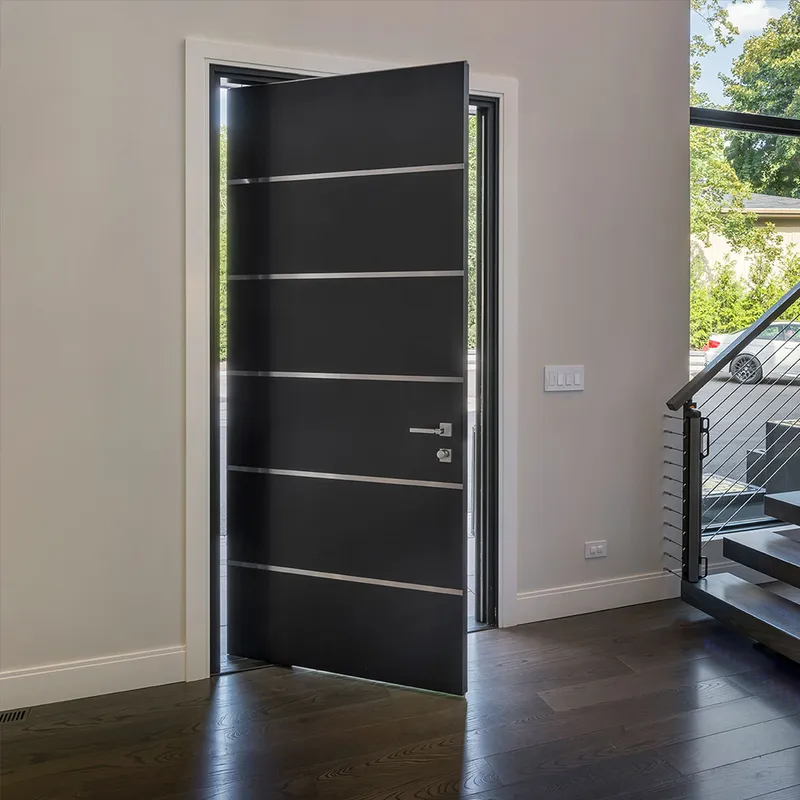 أبواب محورية أمامية للأمان، باب خشبي محوري من الألومنيوم الأسود، مدخل حديث