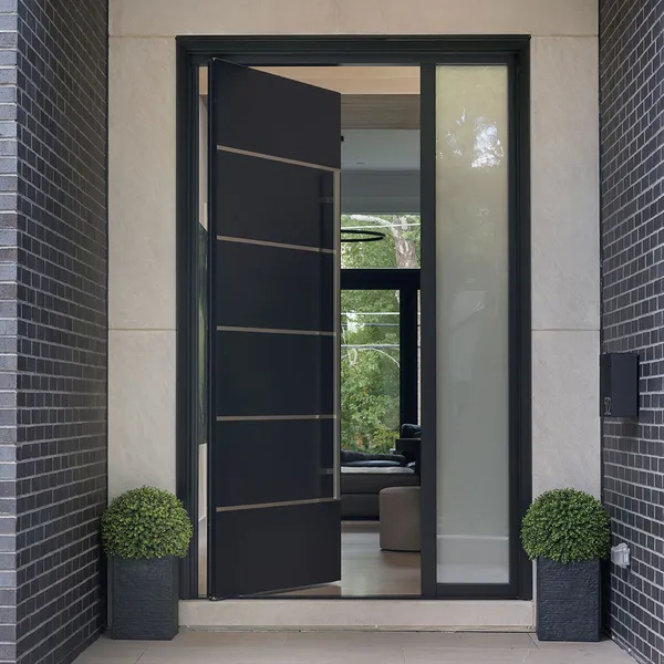 أبواب محورية أمامية للأمان، باب خشبي محوري من الألومنيوم الأسود، مدخل حديث