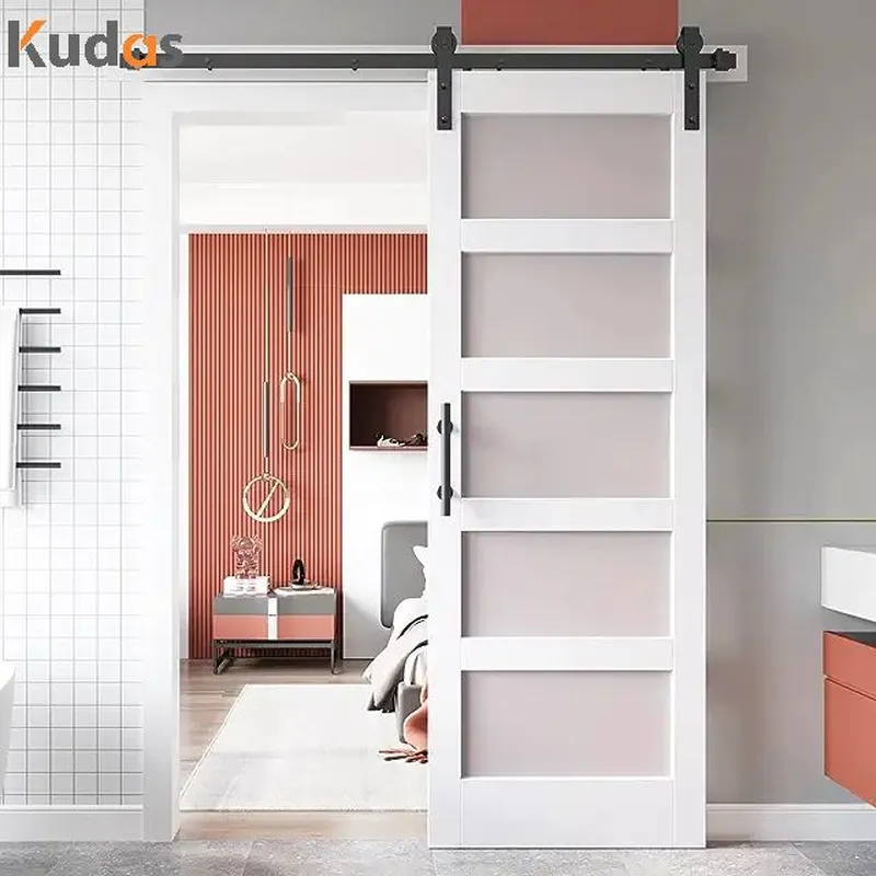 Low Profile Glass Barndoor Pocket Exterior Wood Frame Barn Exit Door With Hardware