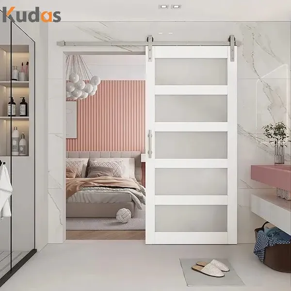 Low Profile Glass Barndoor Pocket Exterior Wood Frame Barn Exit Door With Hardware